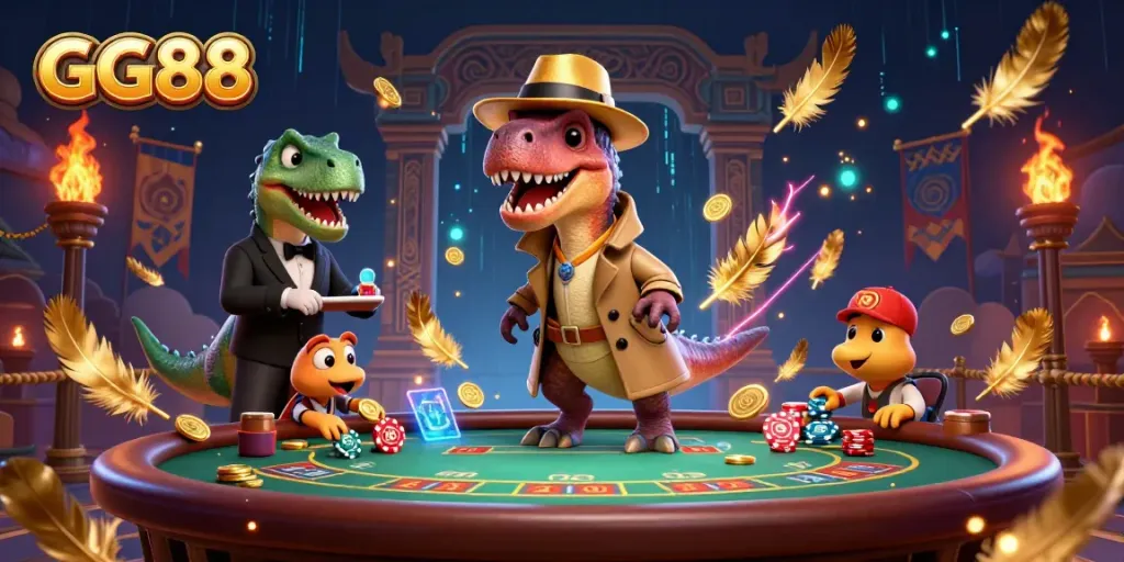 GG88 reveals a playful scene with a velociraptor card counter at a blackjack table, enhancing gaming excitement.