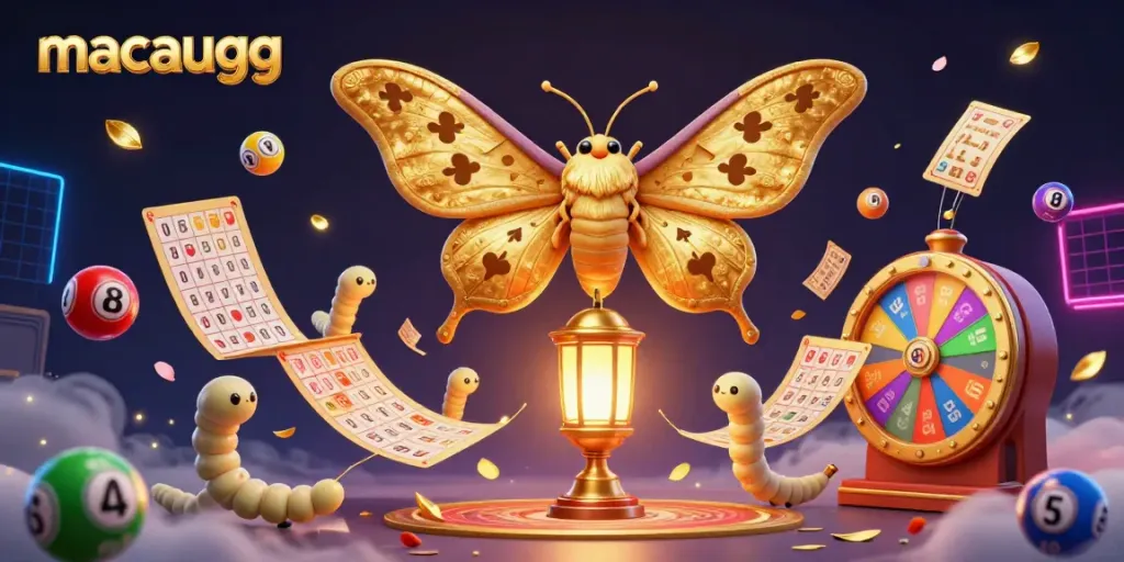Experience the thrill of macaugg with a vibrant 3D casino scene featuring golden moths and dynamic lottery elements.