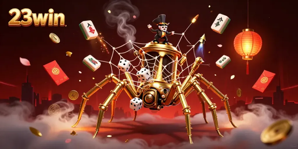 Visualize 23win's thrilling casino world with a steampunk spider webs and gaming elements