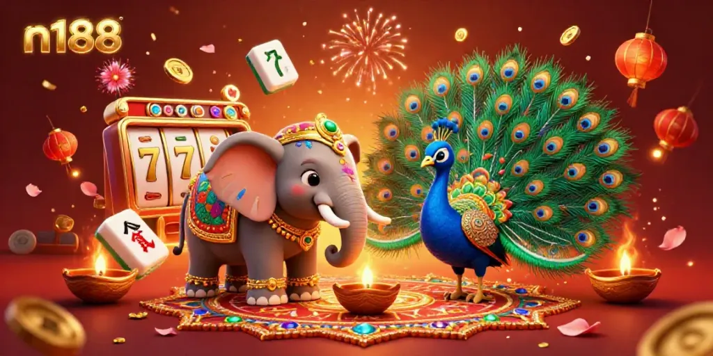 N188 engages players with dynamic gambling fun, featuring vibrant slot reels and festive characters.