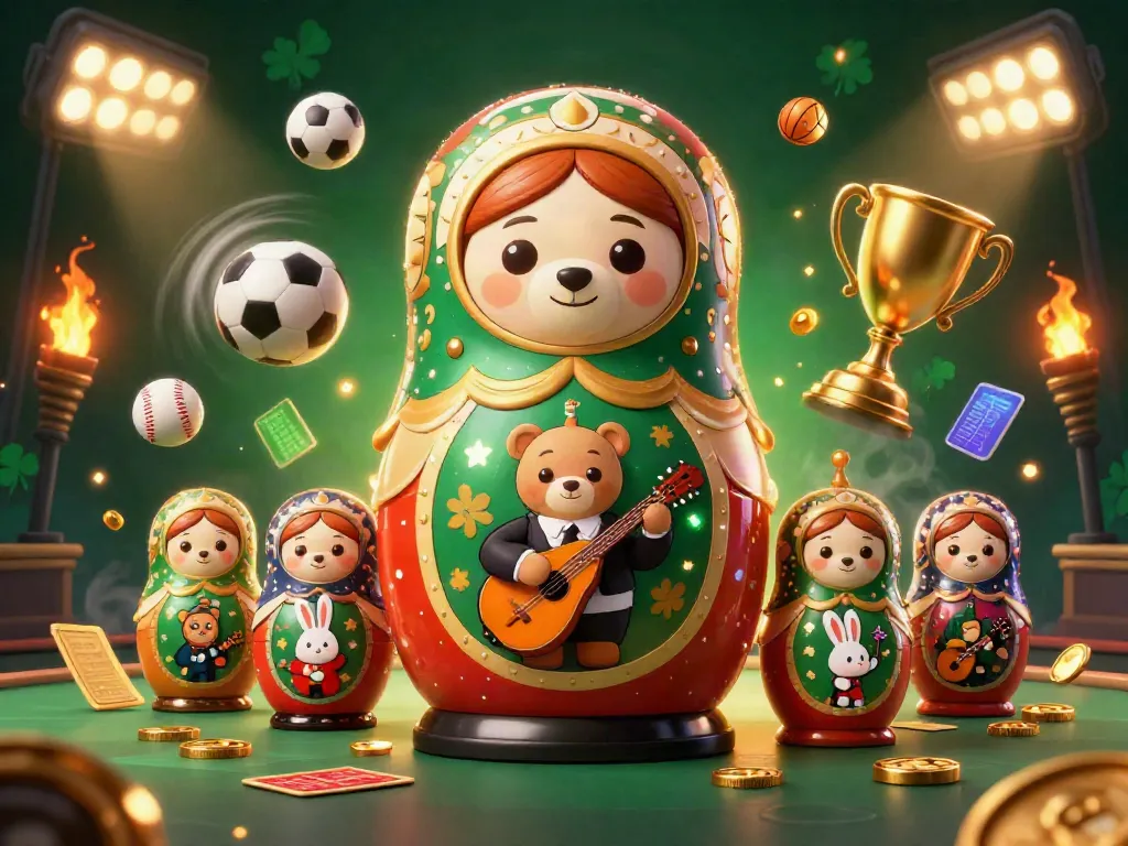 Engage in thrilling action with 98 win, featuring festive casino-themed cartoon bears and dynamic sports elements.