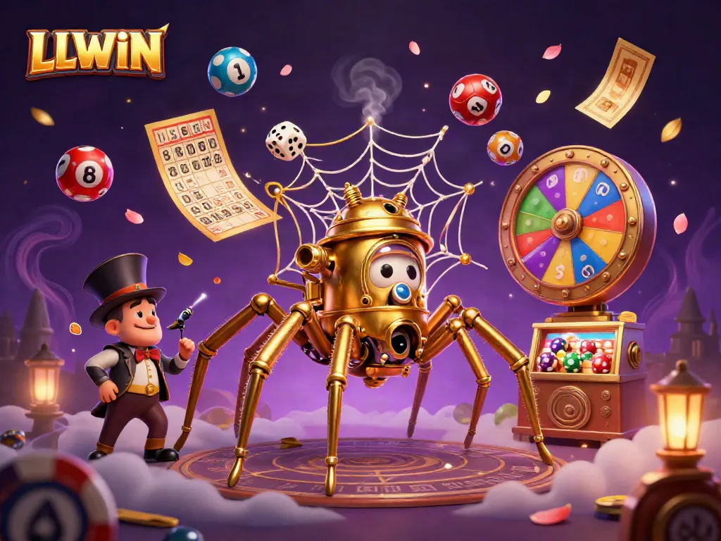Engage with the thrilling world of LLWIN through a vibrant 3D casino illustration showcasing dynamic game elements.