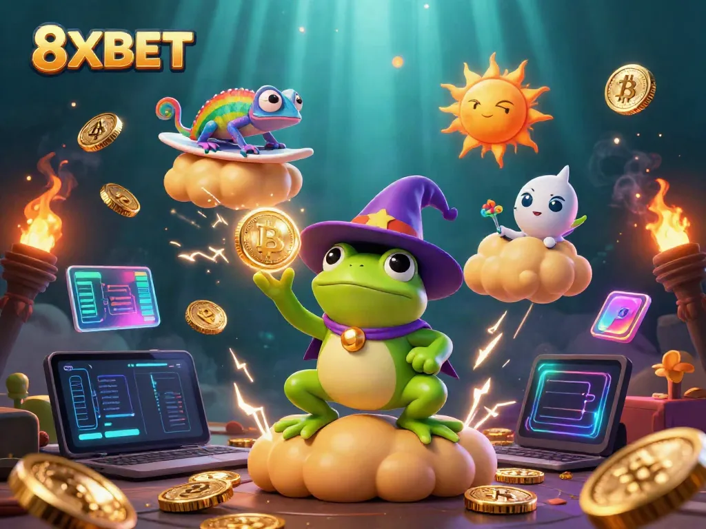 Experience thrilling gaming with 8XBET, where a frog conjures golden coins amidst vibrant cosmic elements.