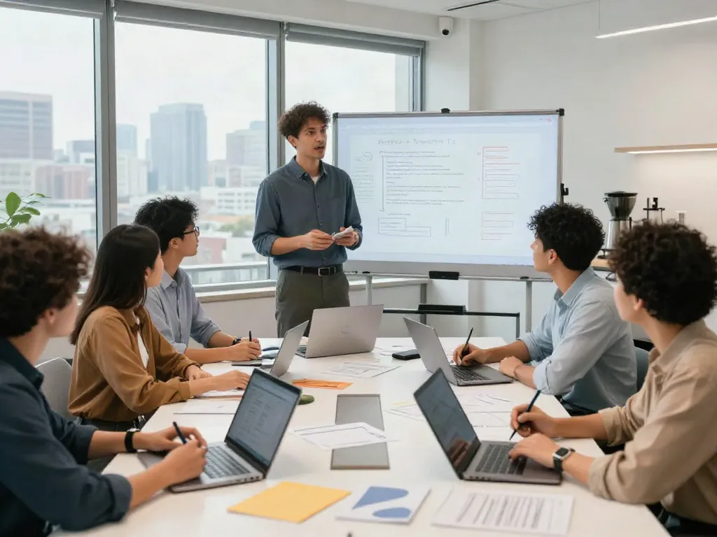 Diverse team talking to each other in a modern office, showcasing teamwork and collaboration.