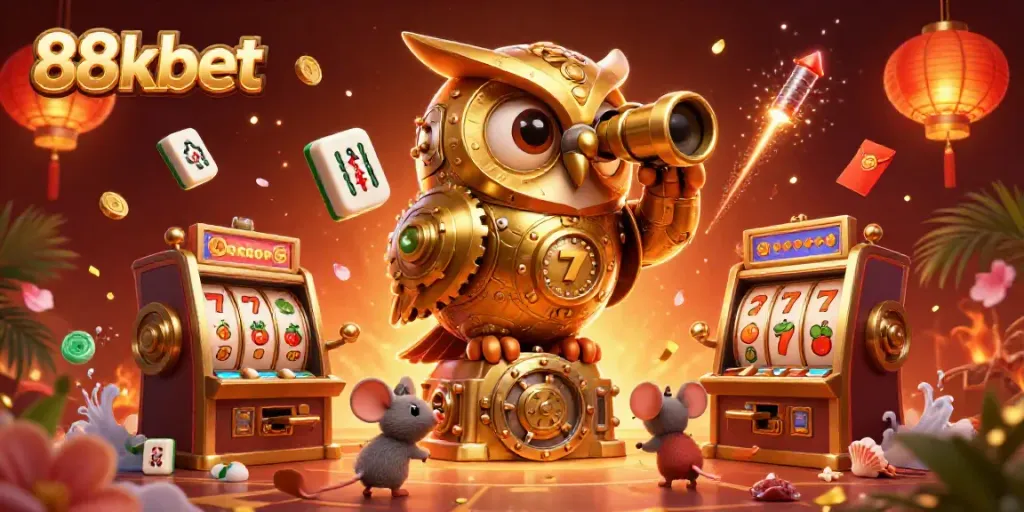 Feel the thrill at 88kbet with dynamic scenes of a clockwork owl and lively casino atmosphere.