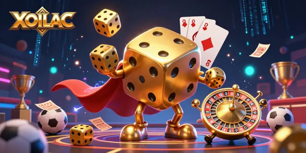 Experience thrilling sports betting with XOILAC's dynamic 3D gambling scene featuring vibrant characters.