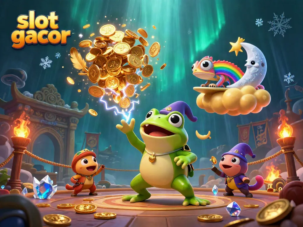 Experience the thrill of slot gacor with lively characters in a dynamic casino scene.