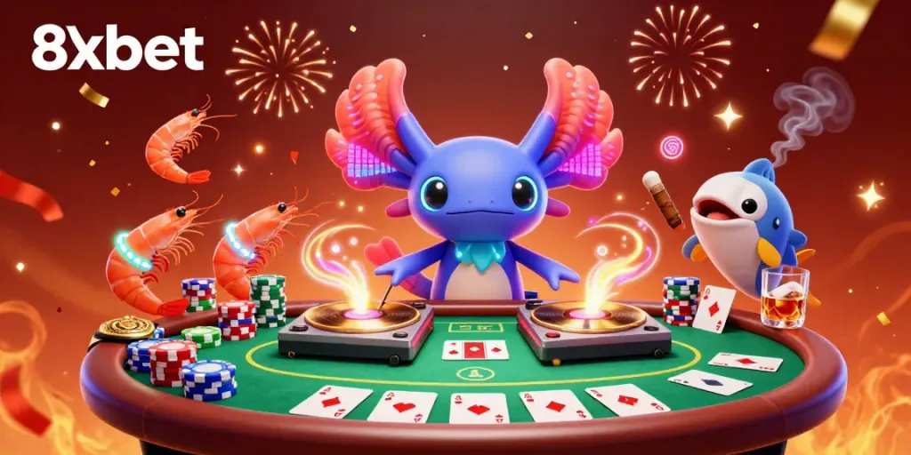 Experience the vibrant world of 8xbet through a lively illustration featuring a neon axolotl DJ at a poker table.