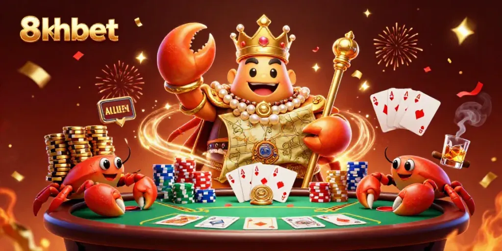 Engage with the dynamic 8xbet gaming scene featuring a golden crab emperor and poker elements.
