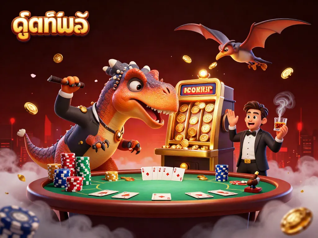 A dynamic scene of ดูหนังออนไลน์ with a cartoon dinosaurs interacting with a golden slot machine amidst vibrant casino elements