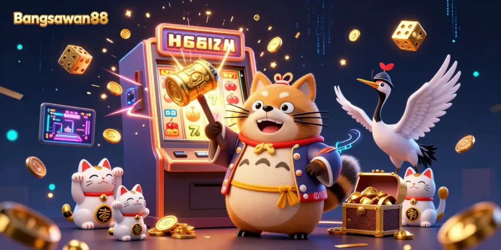 Bangsawan88 celebrates winnings with a jovial tanuki holding a lucky mallet among vibrant casino scenes.