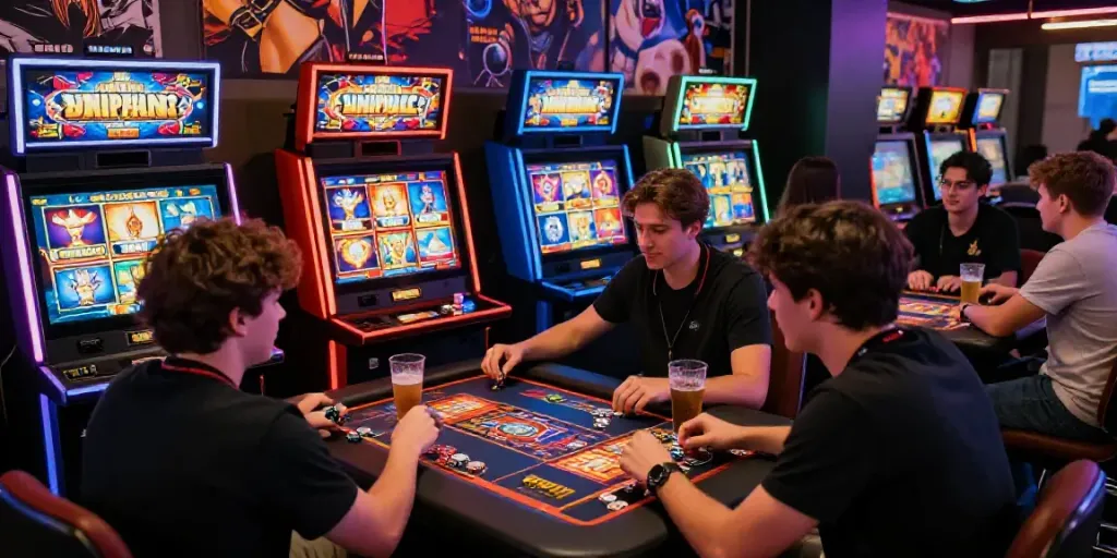 Situs Super33 gaming scene with friends enjoying colorful online slots.