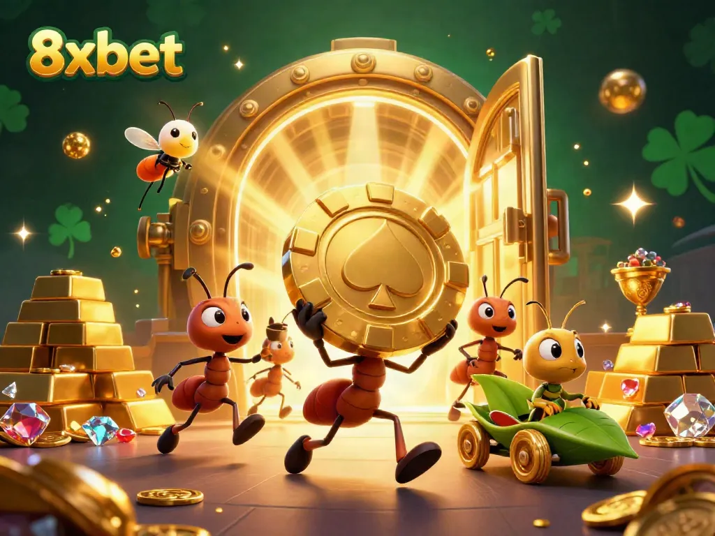 Experience gaming excitement at 8xbet with playful ants in a casino heist scene.