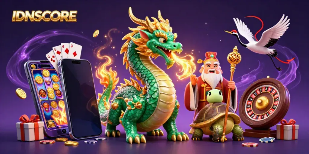 Engage with IDNSCORE's vibrant 3D casino illustration featuring dynamic characters and gaming elements.
