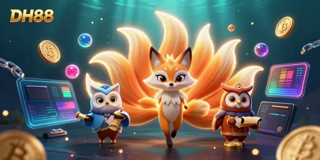 Experience the magic of DH88 as a colorful nine-tailed fox and wise owl sage illuminate the online casino world.