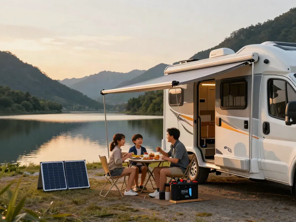 Lithium battery for RV powering an outdoor family meal by the lake