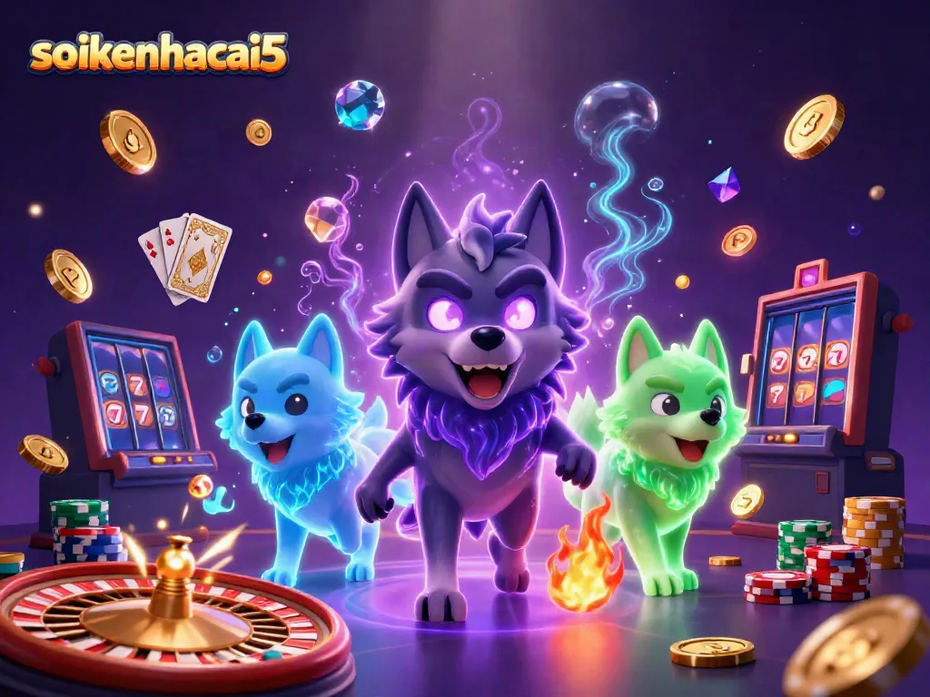 Experience the thrilling essence of gambling with soikeonhacai5, featuring spectral wolves surrounded by golden coins and vibrant casino elements.