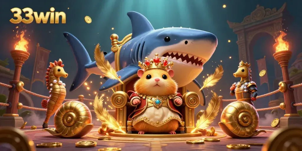 Experience the thrill of 33win with a cartoon hamster king on a megalodon throne, surrounded by vibrant casino elements.