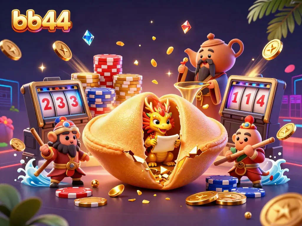 Engage with bb44 casino fun, featuring a golden fortune cookie and good luck symbols in a vibrant gaming scene.