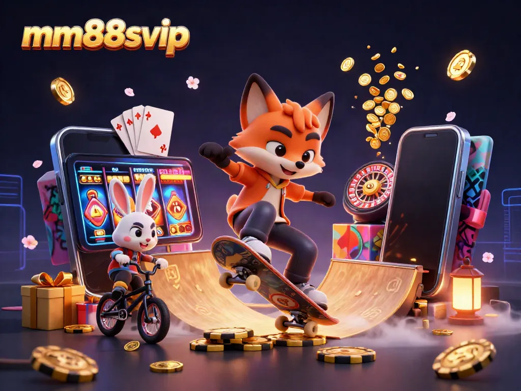 Engage with mm88svip's vibrant casino world through this dynamic 3D scene showcasing thrilling games and characters.