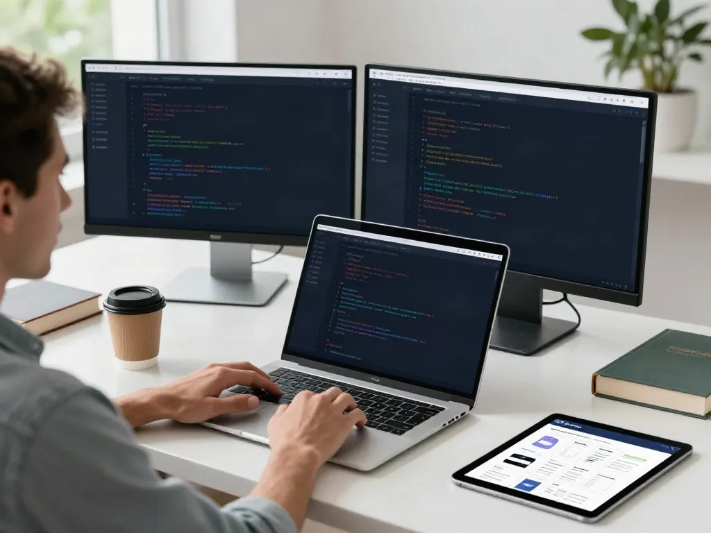Developer using the Brave 浏览器 in a modern workspace, displaying coding and design.