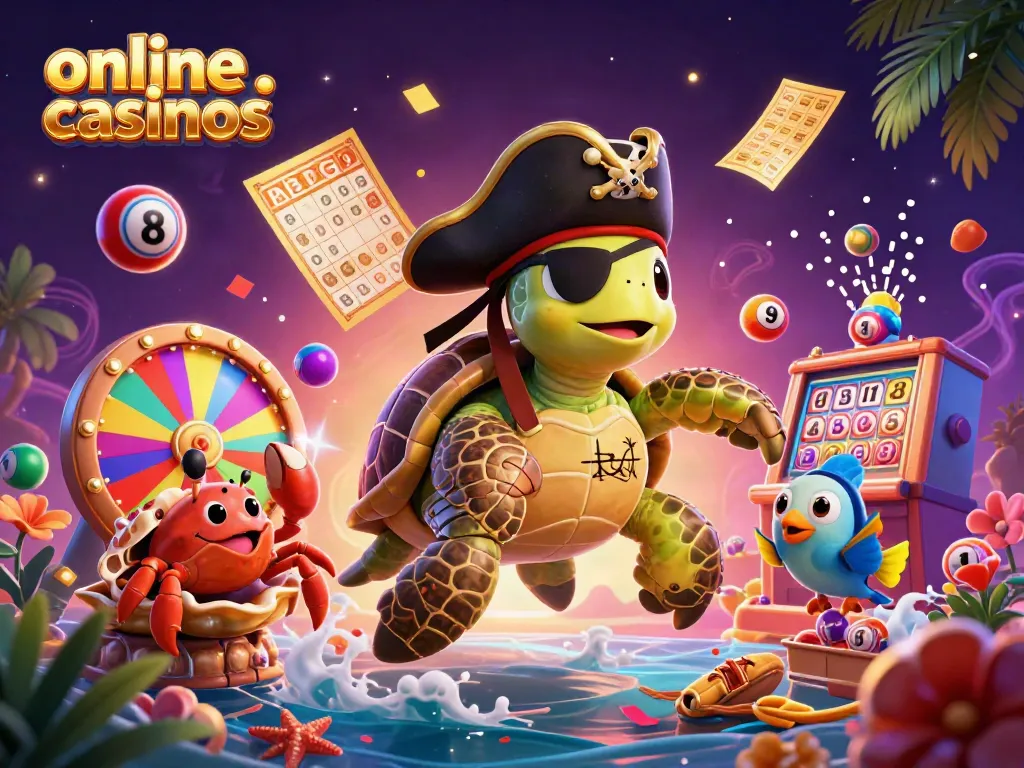 Exciting online casinos scene with a pirate turtle, golden crab, and parrotfish amidst colorful lottery elements and treasure.