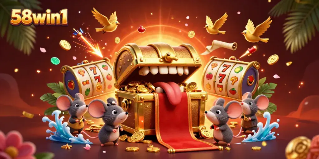 Engage in thrilling gaming with 58win1 at this vibrant, dynamic casino illustration.