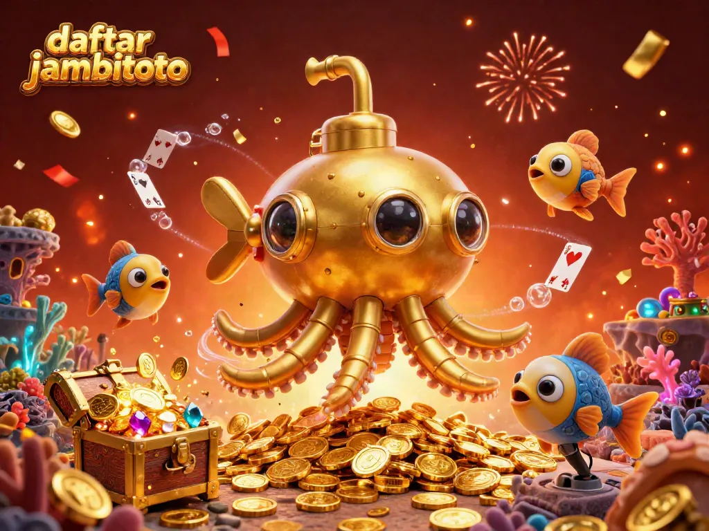 Experience the excitement of daftar jambitoto with a golden kraken submarine amidst gold coins and dynamic game elements.