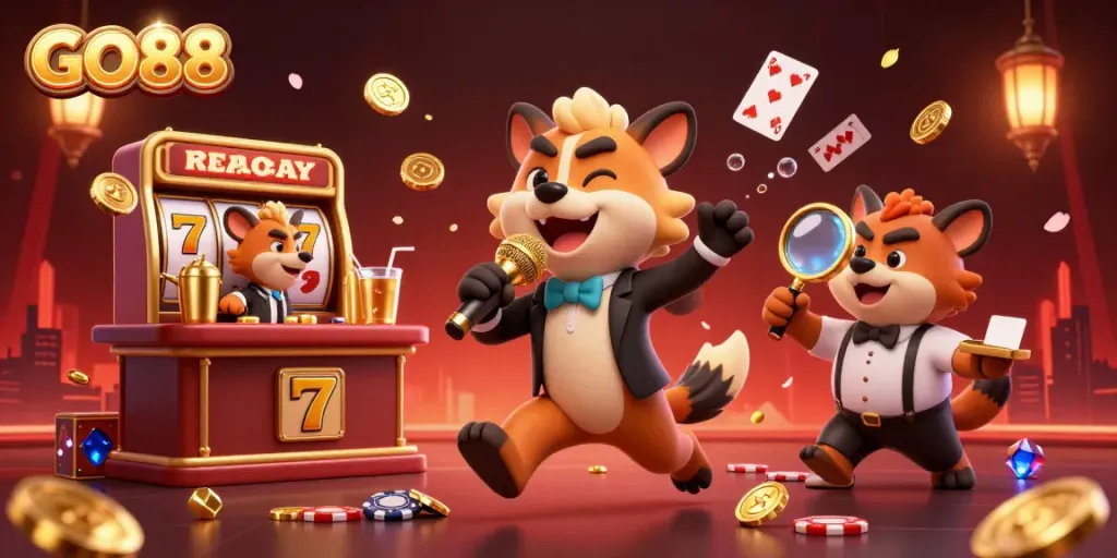 GO88's lively casino scene features 3D hyenas in a vibrant comedy club with slot machines and energetic decor.