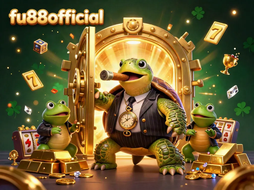 Experience the excitement of fu88offical with a lively 3D casino scene featuring a mobster turtle and bullfrog enforcers.