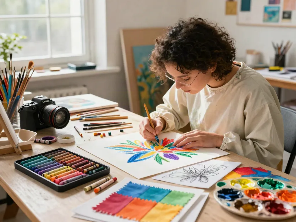 Professional crayon supplier creating colorful fabric art with vibrant crayons in a bright studio.