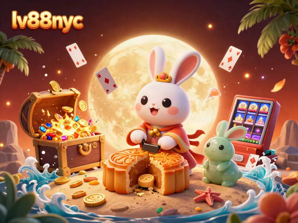 Experience excitement at lv88nyc with the moon rabbit amid sparkling casino elements in a vibrant casino scene.