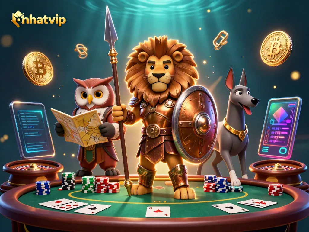 Join the action at Nhatvip with dynamic poker, chips, and slots in a thrilling casino scene.