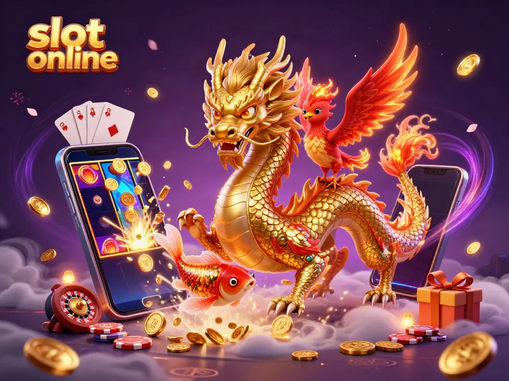 Engage with thrilling slot online experiences depicted in a vibrant 3D dragon scene.