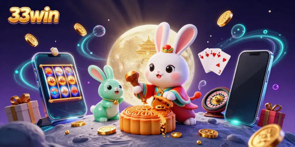 Engage with exciting 33win casino games featuring a vibrant illustration of the moon rabbit and game elements.