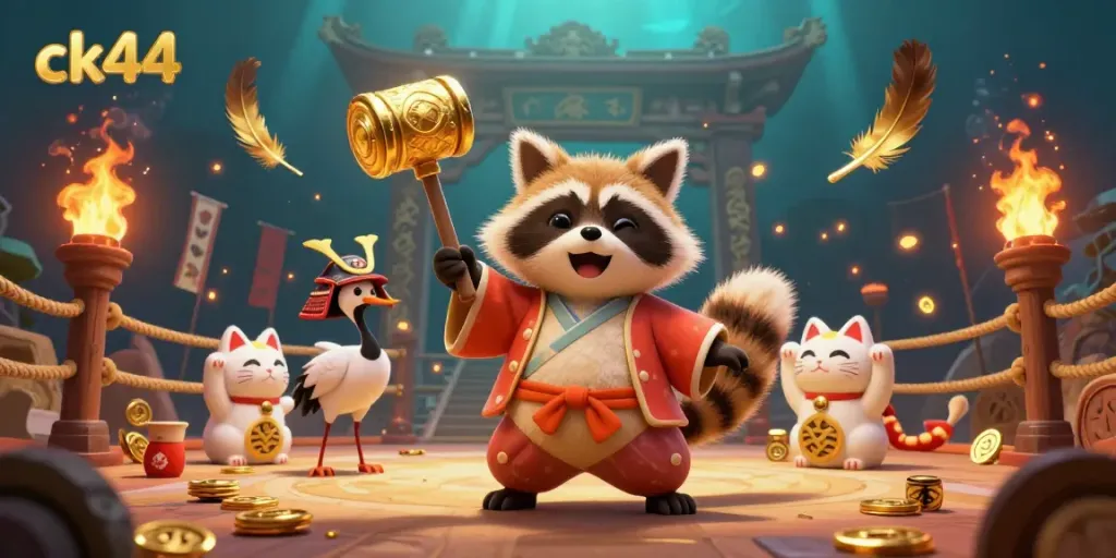 Experience the excitement of ck44 casino gaming with cheerful tanuki and lucky maneki-neko in vibrant celebration.