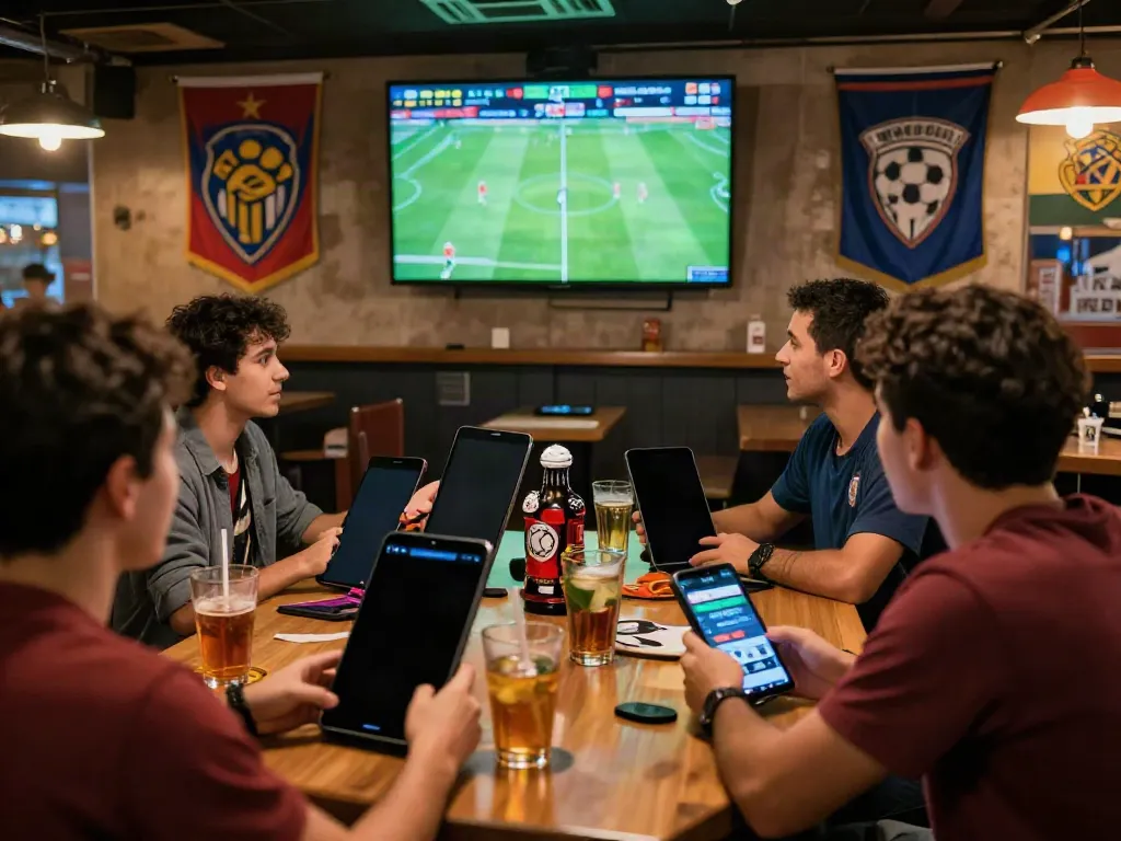 WWBOLA sports betting scene with excited viewers analyzing odds in a lively atmosphere.