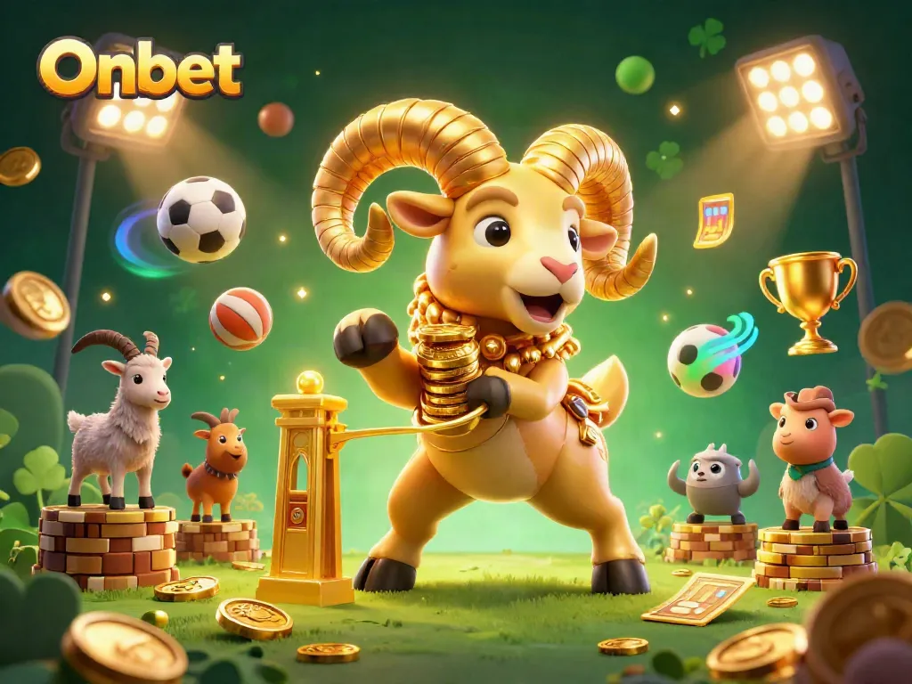 Experience the thrill of Onbet with a golden ram charging through a vibrant casino illustration filled with dynamic betting elements.