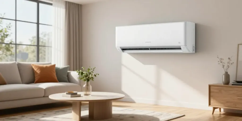 Efficient mini split AC system installed in a bright modern living room.