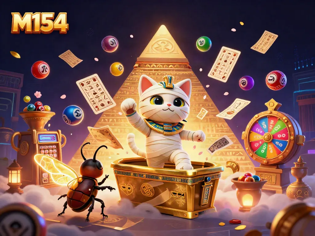 M154 animated scene showcasing Egyptian mummy cat and artifacts in a casino setting