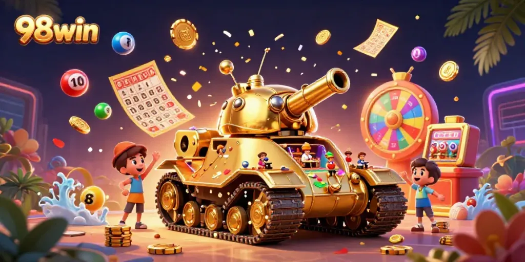 Experience excitement with 98win's vibrant casino scene featuring a unique golden beetle tank.