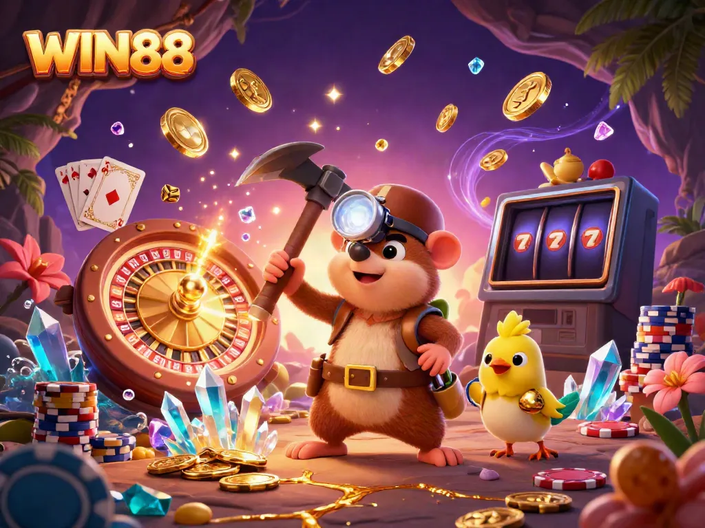 Win88 casino scene with a treasure hunter mole, golden coins, and vibrant gambling elements