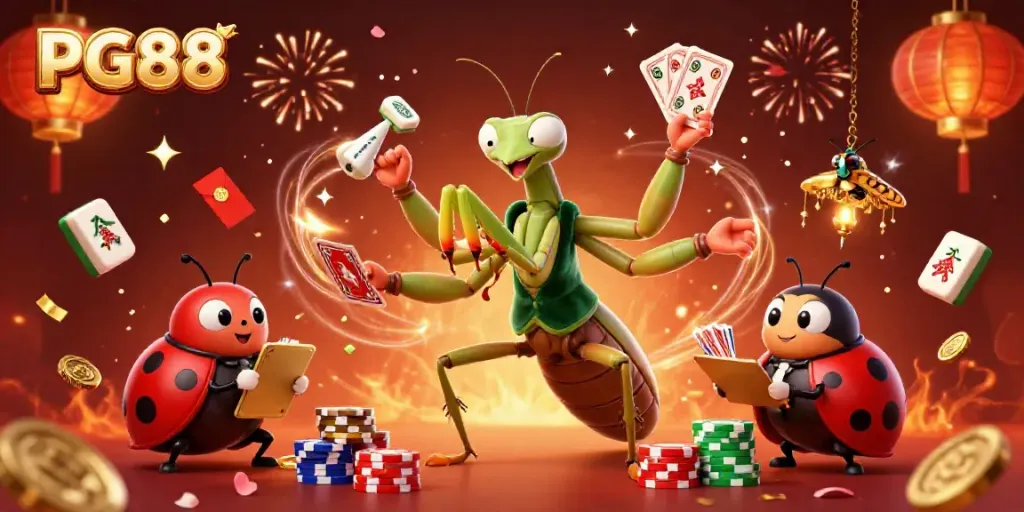 Engage with PG88's vibrant casino atmosphere, featuring a giant mantis dealer and ladybug pit boss.