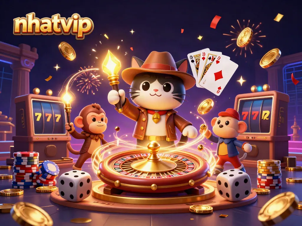 Experience the excitement of nhatvip with a dramatic 3D scene showcasing a cat explorer and treasure.