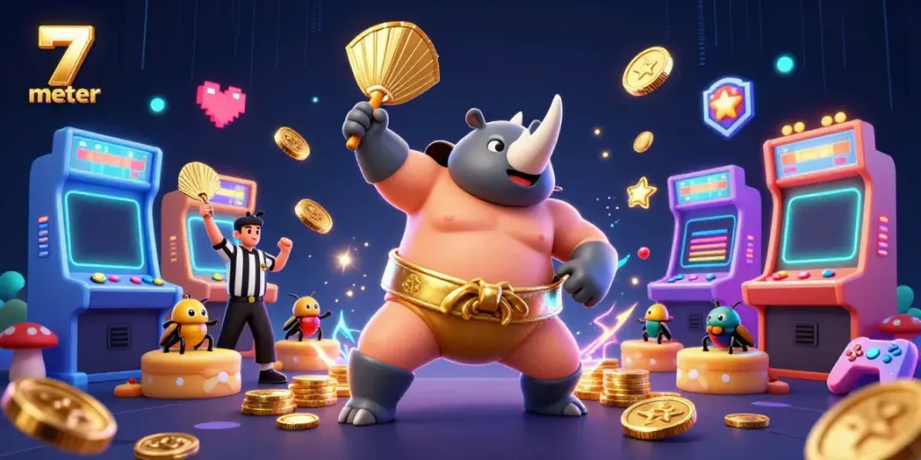 A colorful 3D casino scene featuring a rhinoceros beetle champion and a cricket referee celebrating winning at 7 meter slots.