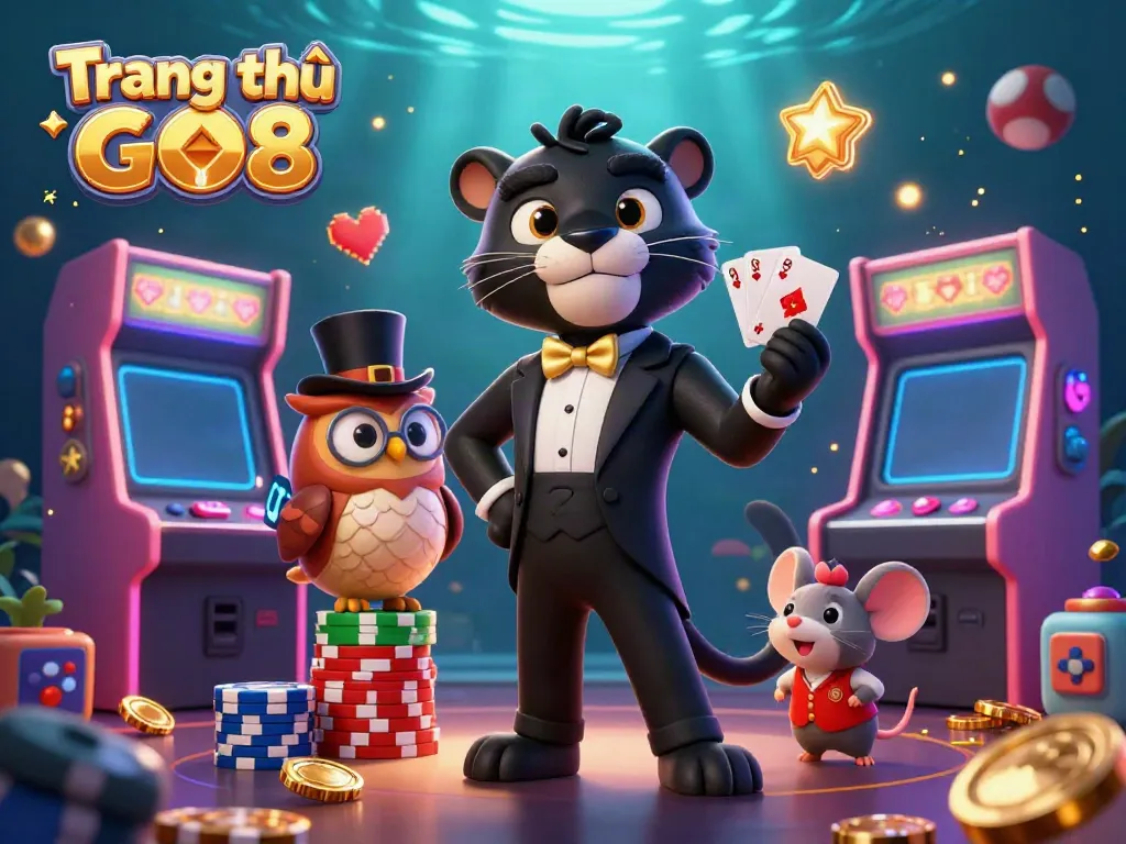 Experience the excitement of Trang chủ GO8 with a cartoon panther expertly dealing cards amid vibrant casino elements.
