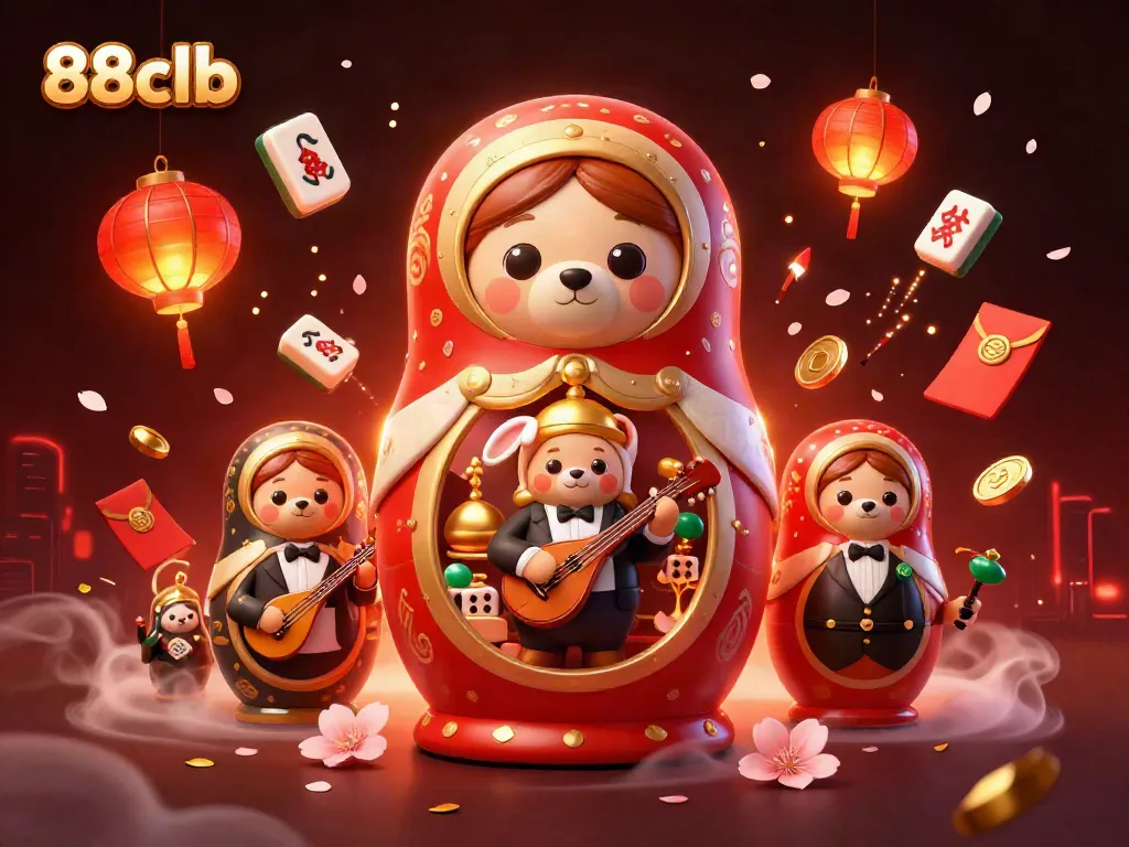 Experience vibrant casino action with the 88clb nesting doll bear and charismatic rabbit, amidst sparkling gaming symbols.