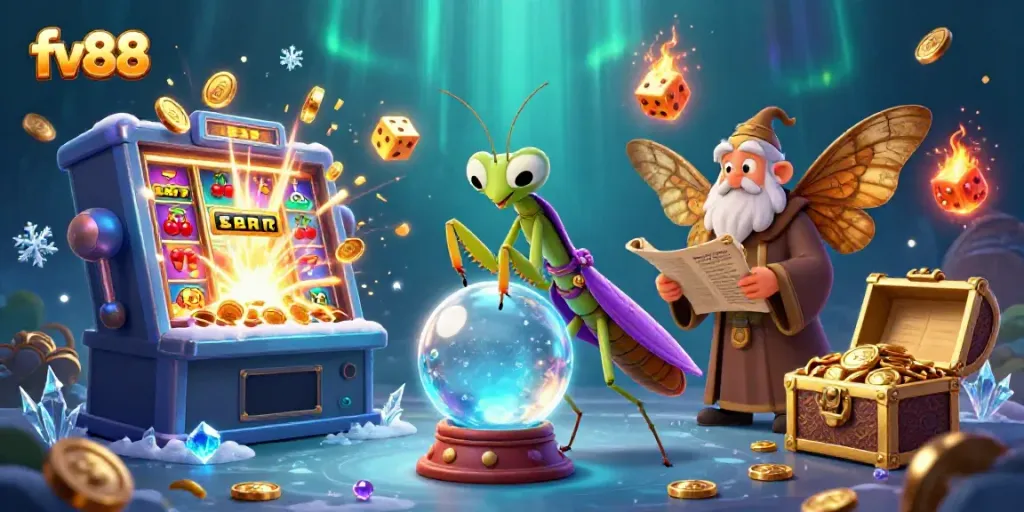 Experience the hustle and excitement of fv88 with vibrant casino elements and mystical characters.