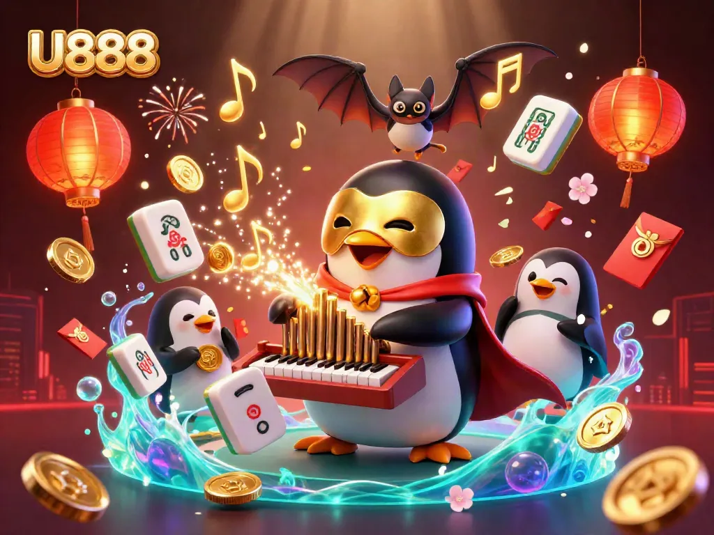U888 showcases a charming 3D illustration of a penguin playing an organ spewing coins, surrounded by festive gambling elements.
