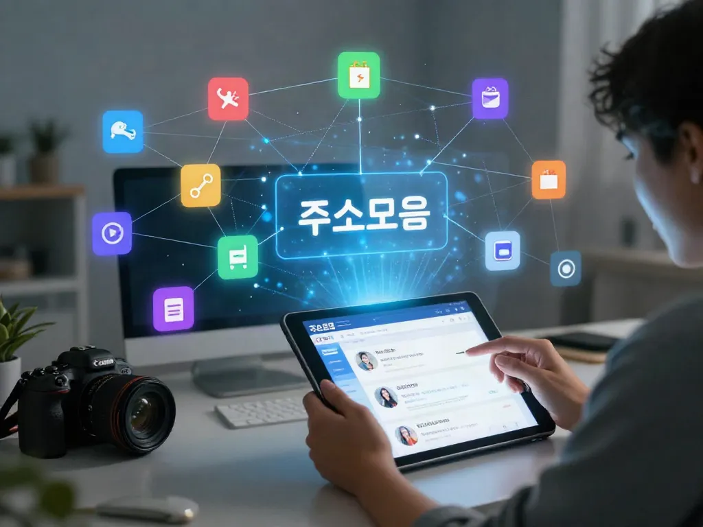 Interactive digital landscape illustrating a network of addresses and links, focusing on '주소모음'.